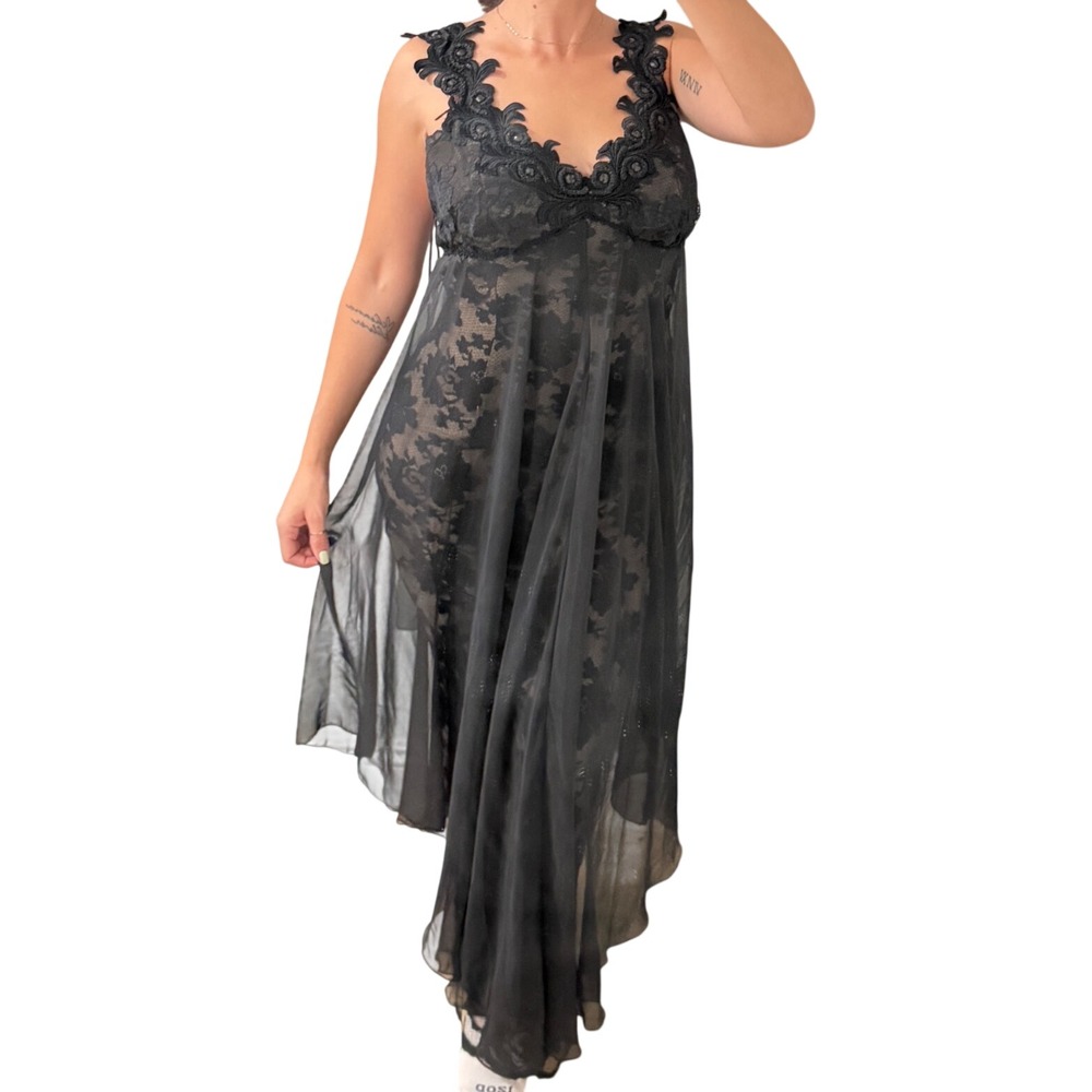 Jessica McClintock Vintage Black Lace Beaded Chiffon High Low Gown Dress 12